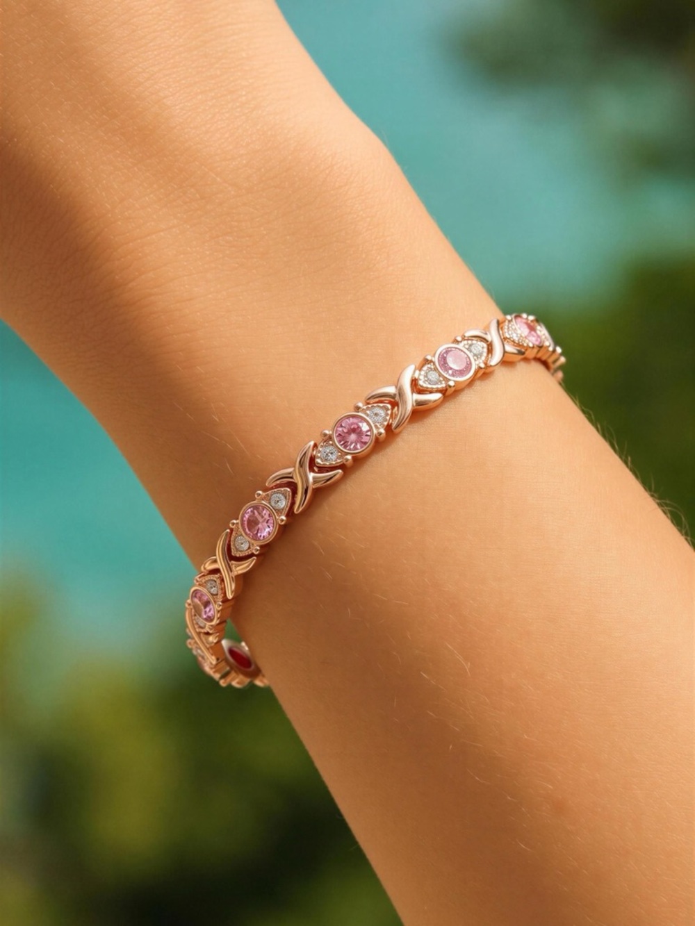 Fashion Jewelry Rose Gold Bracelet with Pink Stones